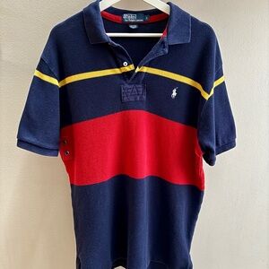 Polo Ralph Lauren VTG 90s navy blue/yellow/red striped terry cloth golf shirt L